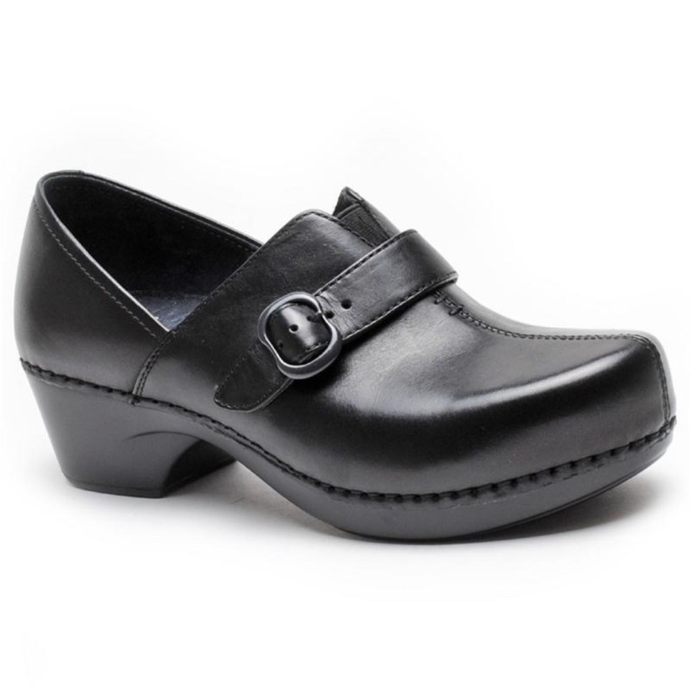 Dansko Tamara black burnished‎ leather clogs decorative buckle size 10.5 (41)